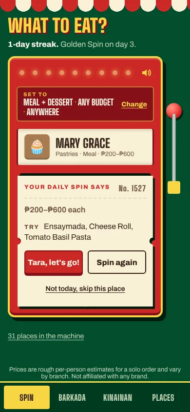 What to Eat? slot machine showing Mary Grace as the pick, with a price range and dishes to try